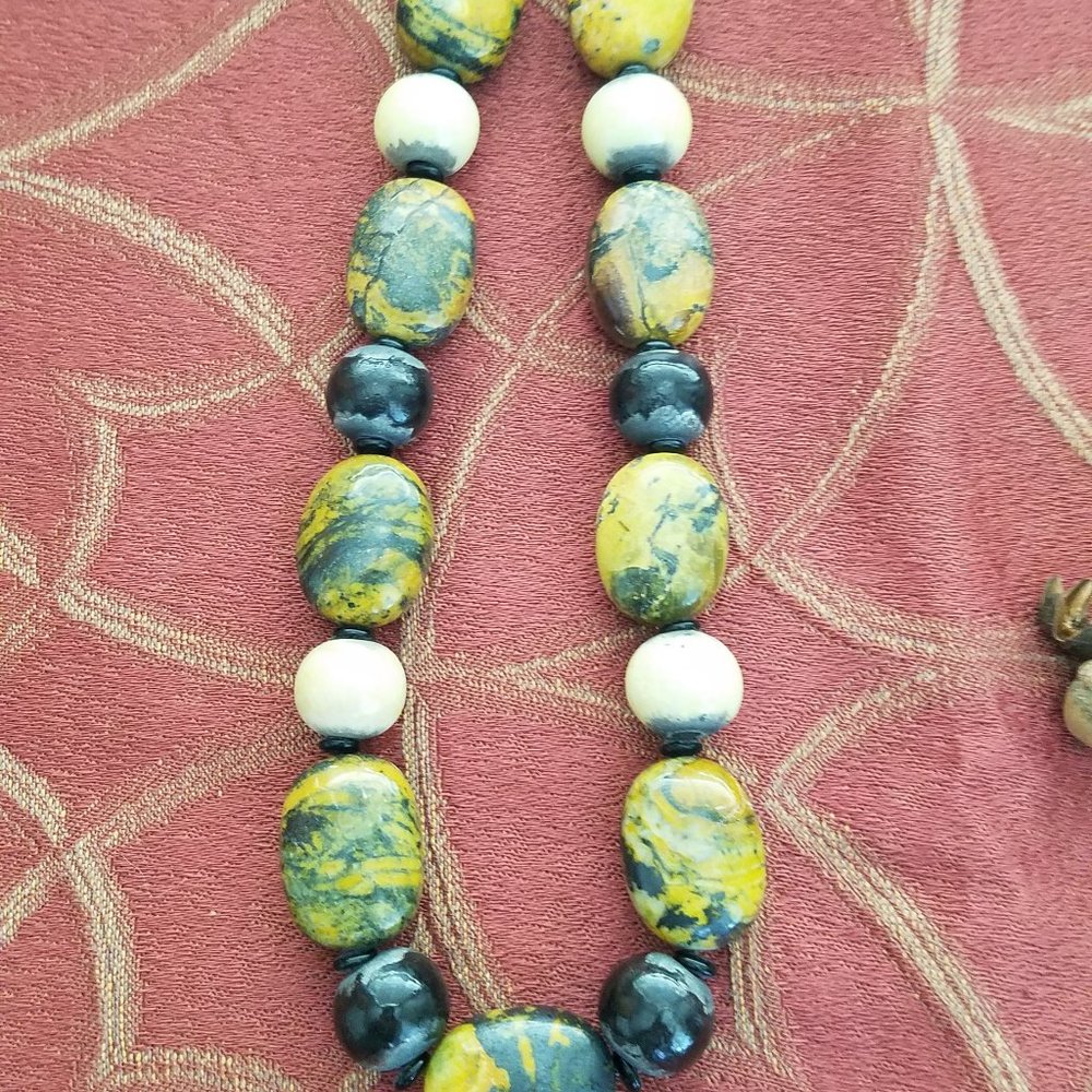 OOAK Yellow Turquoise, Raku Clay and Sterling Silver Beaded Necklace - Picture 5 of 5